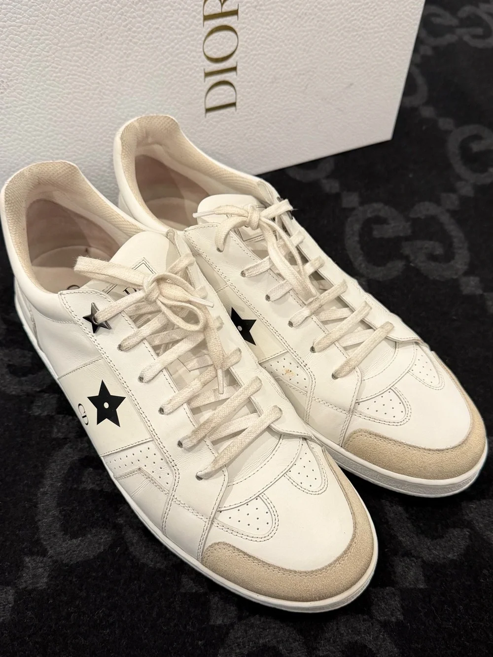 Dior Women's White Sneakers with Beige Suede Toe and Black Star